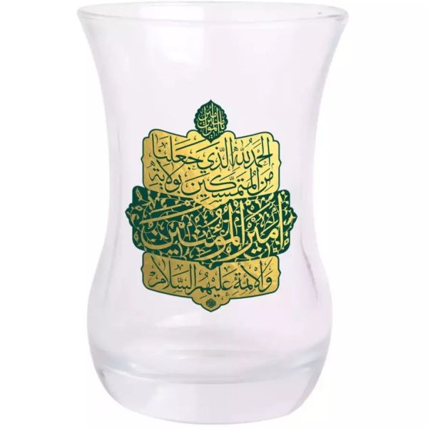 استکان تک عددی کمر باریک بدون دسته با شعار الحمدلله الذی جعلنا من المتمسکین بولایه امیرالمومنین و الائمه علیهم السلام